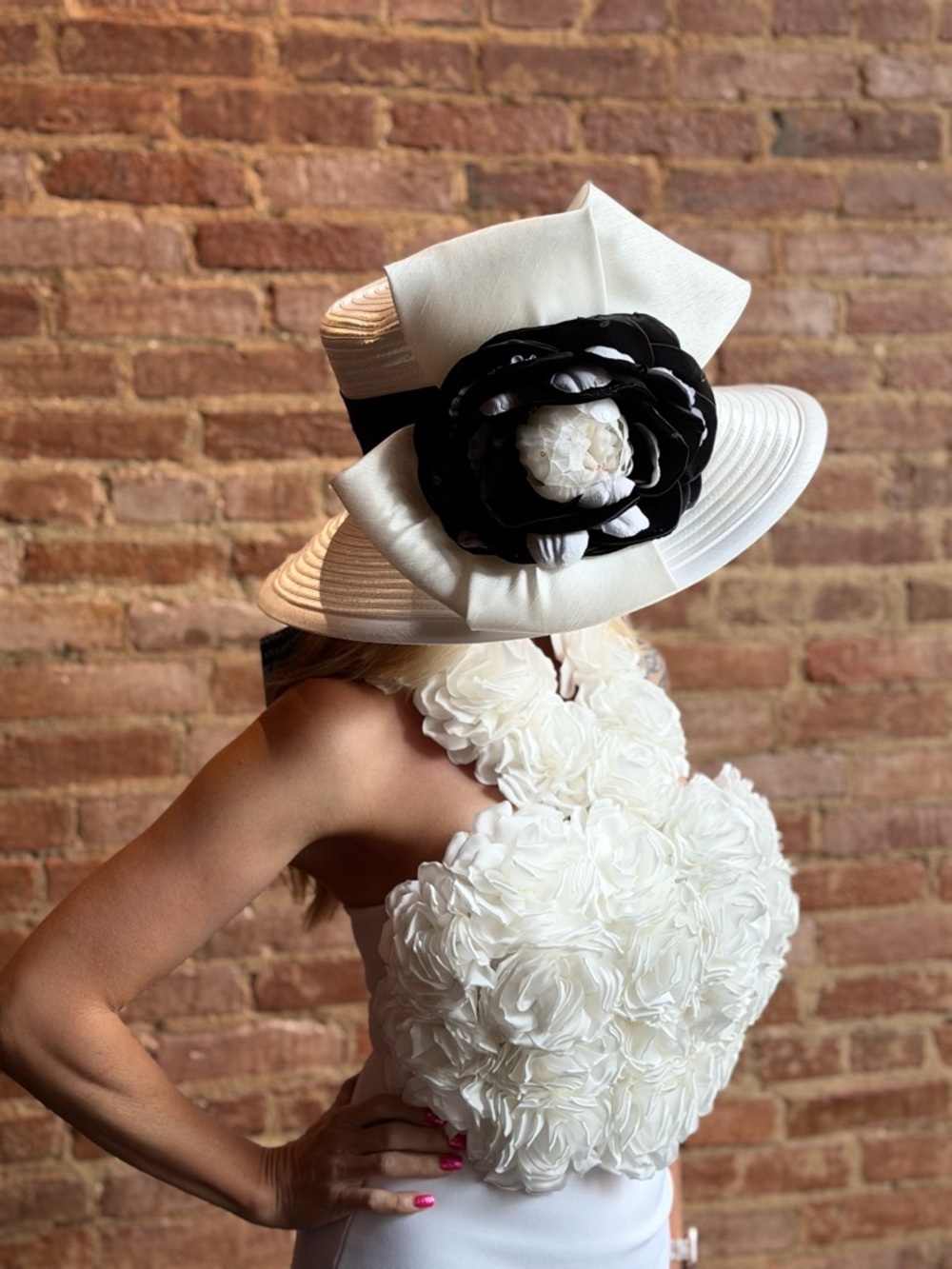 White Wide-Brim Hat with Black Flower Accent! Kentucky Derby Hat!